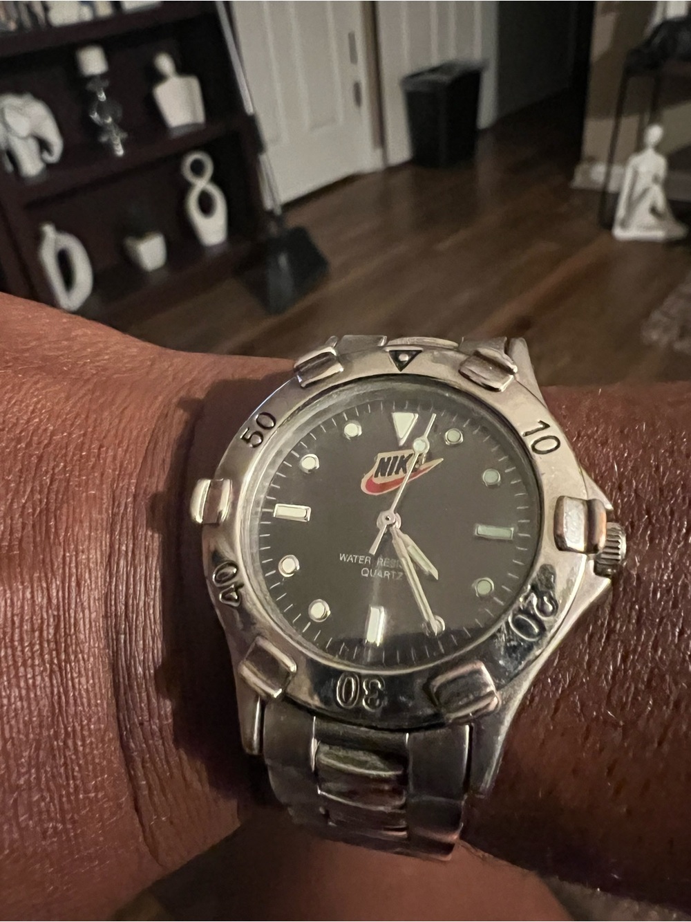 Nike Silver and Black Sport Watch with Red Swoosh